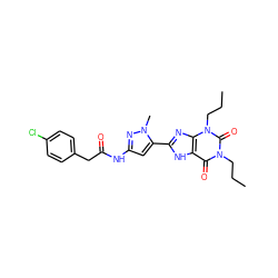 CCCn1c(=O)c2[nH]c(-c3cc(NC(=O)Cc4ccc(Cl)cc4)nn3C)nc2n(CCC)c1=O ZINC000013559730