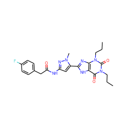 CCCn1c(=O)c2[nH]c(-c3cc(NC(=O)Cc4ccc(F)cc4)nn3C)nc2n(CCC)c1=O ZINC000013559725