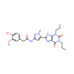 CCCn1c(=O)c2[nH]c(-c3cc(NC(=O)Cc4ccc(O)c(OC)c4)nn3C)nc2n(CCC)c1=O ZINC000013559735