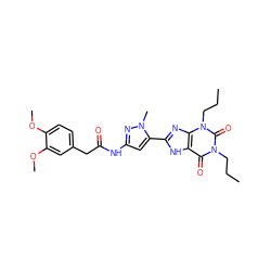 CCCn1c(=O)c2[nH]c(-c3cc(NC(=O)Cc4ccc(OC)c(OC)c4)nn3C)nc2n(CCC)c1=O ZINC000013559731