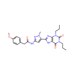 CCCn1c(=O)c2[nH]c(-c3cc(NC(=O)Cc4ccc(OC)cc4)nn3C)nc2n(CCC)c1=O ZINC000013559726