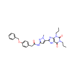 CCCn1c(=O)c2[nH]c(-c3cc(NC(=O)Cc4ccc(OCc5ccccc5)cc4)nn3C)nc2n(CCC)c1=O ZINC000029228758