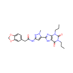 CCCn1c(=O)c2[nH]c(-c3cc(NC(=O)Cc4ccc5c(c4)OCO5)nn3C)nc2n(CCC)c1=O ZINC000013559734