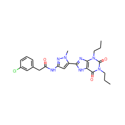 CCCn1c(=O)c2[nH]c(-c3cc(NC(=O)Cc4cccc(Cl)c4)nn3C)nc2n(CCC)c1=O ZINC000013559727