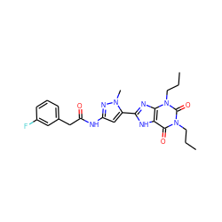 CCCn1c(=O)c2[nH]c(-c3cc(NC(=O)Cc4cccc(F)c4)nn3C)nc2n(CCC)c1=O ZINC000013559728