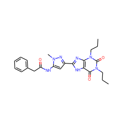 CCCn1c(=O)c2[nH]c(-c3cc(NC(=O)Cc4ccccc4)n(C)n3)nc2n(CCC)c1=O ZINC000013559739