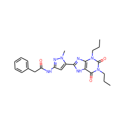 CCCn1c(=O)c2[nH]c(-c3cc(NC(=O)Cc4ccccc4)nn3C)nc2n(CCC)c1=O ZINC000013559720