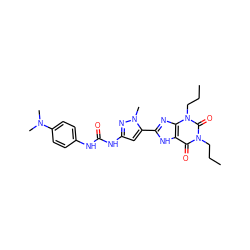 CCCn1c(=O)c2[nH]c(-c3cc(NC(=O)Nc4ccc(N(C)C)cc4)nn3C)nc2n(CCC)c1=O ZINC000013559740