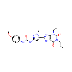 CCCn1c(=O)c2[nH]c(-c3cc(NC(=O)Nc4ccc(OC)cc4)nn3C)nc2n(CCC)c1=O ZINC000013559743