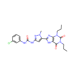 CCCn1c(=O)c2[nH]c(-c3cc(NC(=O)Nc4cccc(Cl)c4)nn3C)nc2n(CCC)c1=O ZINC000013559741