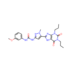 CCCn1c(=O)c2[nH]c(-c3cc(NC(=O)Nc4cccc(OC)c4)nn3C)nc2n(CCC)c1=O ZINC000013559742