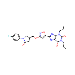 CCCn1c(=O)c2[nH]c(-c3cc(OC[C@H]4CC(=O)N(c5ccc(F)cc5)C4)no3)nc2n(CCC)c1=O ZINC000147374047