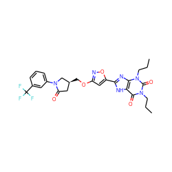 CCCn1c(=O)c2[nH]c(-c3cc(OC[C@H]4CC(=O)N(c5cccc(C(F)(F)F)c5)C4)no3)nc2n(CCC)c1=O ZINC000148599218