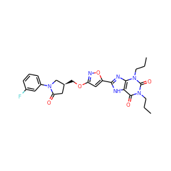 CCCn1c(=O)c2[nH]c(-c3cc(OC[C@H]4CC(=O)N(c5cccc(F)c5)C4)no3)nc2n(CCC)c1=O ZINC000115151070