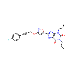 CCCn1c(=O)c2[nH]c(-c3cc(OCC#Cc4ccc(F)cc4)no3)nc2n(CCC)c1=O ZINC000115153771