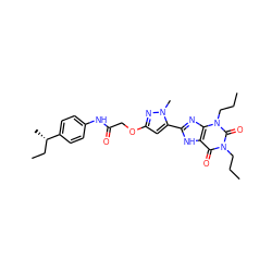 CCCn1c(=O)c2[nH]c(-c3cc(OCC(=O)Nc4ccc([C@@H](C)CC)cc4)nn3C)nc2n(CCC)c1=O ZINC000013559750