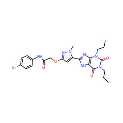 CCCn1c(=O)c2[nH]c(-c3cc(OCC(=O)Nc4ccc(Br)cc4)nn3C)nc2n(CCC)c1=O ZINC000029224251