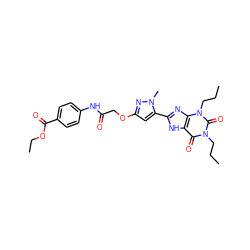 CCCn1c(=O)c2[nH]c(-c3cc(OCC(=O)Nc4ccc(C(=O)OCC)cc4)nn3C)nc2n(CCC)c1=O ZINC000029226564