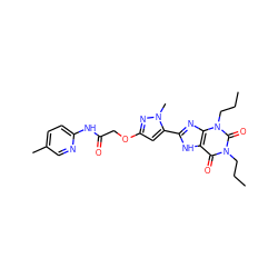 CCCn1c(=O)c2[nH]c(-c3cc(OCC(=O)Nc4ccc(C)cn4)nn3C)nc2n(CCC)c1=O ZINC000013559748