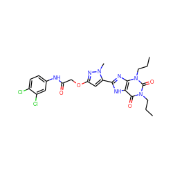 CCCn1c(=O)c2[nH]c(-c3cc(OCC(=O)Nc4ccc(Cl)c(Cl)c4)nn3C)nc2n(CCC)c1=O ZINC000029228888