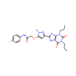 CCCn1c(=O)c2[nH]c(-c3cc(OCC(=O)Nc4ccc(F)cc4)n(C)n3)nc2n(CCC)c1=O ZINC000013559758