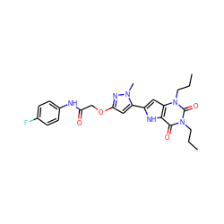 CCCn1c(=O)c2[nH]c(-c3cc(OCC(=O)Nc4ccc(F)cc4)nn3C)cc2n(CCC)c1=O ZINC000073310490