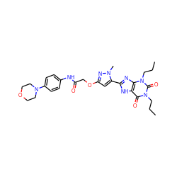 CCCn1c(=O)c2[nH]c(-c3cc(OCC(=O)Nc4ccc(N5CCOCC5)cc4)nn3C)nc2n(CCC)c1=O ZINC000029224237