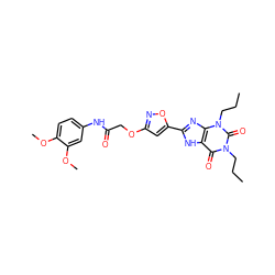 CCCn1c(=O)c2[nH]c(-c3cc(OCC(=O)Nc4ccc(OC)c(OC)c4)no3)nc2n(CCC)c1=O ZINC000013559762