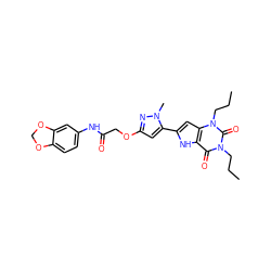 CCCn1c(=O)c2[nH]c(-c3cc(OCC(=O)Nc4ccc5c(c4)OCO5)nn3C)cc2n(CCC)c1=O ZINC000073310493