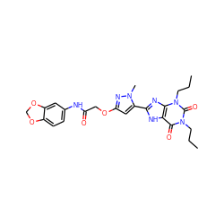 CCCn1c(=O)c2[nH]c(-c3cc(OCC(=O)Nc4ccc5c(c4)OCO5)nn3C)nc2n(CCC)c1=O ZINC000013559747