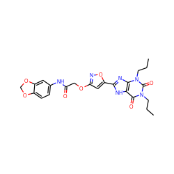 CCCn1c(=O)c2[nH]c(-c3cc(OCC(=O)Nc4ccc5c(c4)OCO5)no3)nc2n(CCC)c1=O ZINC000013559761