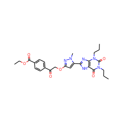 CCCn1c(=O)c2[nH]c(-c3cc(OCC(=O)c4ccc(C(=O)OCC)cc4)nn3C)nc2n(CCC)c1=O ZINC000028567853