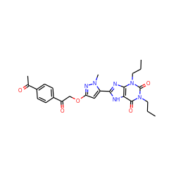 CCCn1c(=O)c2[nH]c(-c3cc(OCC(=O)c4ccc(C(C)=O)cc4)nn3C)nc2n(CCC)c1=O ZINC000028566503