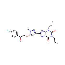 CCCn1c(=O)c2[nH]c(-c3cc(OCC(=O)c4ccc(F)cc4)n(C)n3)nc2n(CCC)c1=O ZINC000028567913