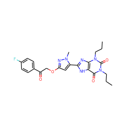 CCCn1c(=O)c2[nH]c(-c3cc(OCC(=O)c4ccc(F)cc4)nn3C)nc2n(CCC)c1=O ZINC000028566415