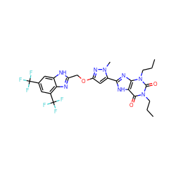 CCCn1c(=O)c2[nH]c(-c3cc(OCc4nc5c(C(F)(F)F)cc(C(F)(F)F)cc5[nH]4)nn3C)nc2n(CCC)c1=O ZINC000073310423