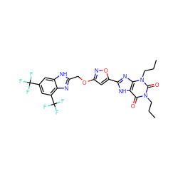 CCCn1c(=O)c2[nH]c(-c3cc(OCc4nc5c(C(F)(F)F)cc(C(F)(F)F)cc5[nH]4)no3)nc2n(CCC)c1=O ZINC000073315788