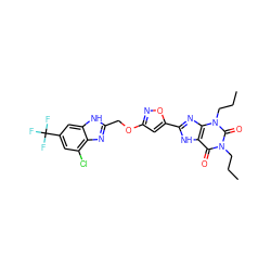 CCCn1c(=O)c2[nH]c(-c3cc(OCc4nc5c(Cl)cc(C(F)(F)F)cc5[nH]4)no3)nc2n(CCC)c1=O ZINC000073315785