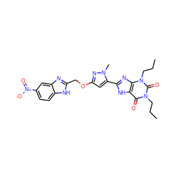 CCCn1c(=O)c2[nH]c(-c3cc(OCc4nc5cc([N+](=O)[O-])ccc5[nH]4)nn3C)nc2n(CCC)c1=O ZINC000073333182