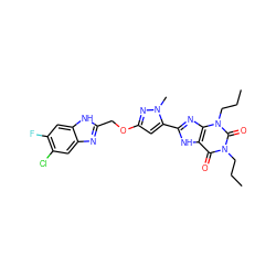 CCCn1c(=O)c2[nH]c(-c3cc(OCc4nc5cc(Cl)c(F)cc5[nH]4)nn3C)nc2n(CCC)c1=O ZINC000073311098