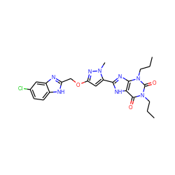 CCCn1c(=O)c2[nH]c(-c3cc(OCc4nc5cc(Cl)ccc5[nH]4)nn3C)nc2n(CCC)c1=O ZINC000073312830