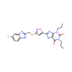 CCCn1c(=O)c2[nH]c(-c3cc(OCc4nc5cc(Cl)ccc5[nH]4)no3)nc2n(CCC)c1=O ZINC000073294111