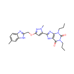 CCCn1c(=O)c2[nH]c(-c3cc(OCc4nc5ccc(C)cc5[nH]4)nn3C)nc2n(CCC)c1=O ZINC000073314437