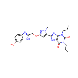 CCCn1c(=O)c2[nH]c(-c3cc(OCc4nc5ccc(OC)cc5[nH]4)nn3C)nc2n(CCC)c1=O ZINC000073312832