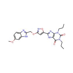 CCCn1c(=O)c2[nH]c(-c3cc(OCc4nc5ccc(OC)cc5[nH]4)no3)nc2n(CCC)c1=O ZINC000073294119