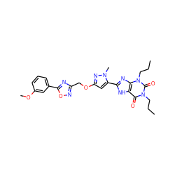 CCCn1c(=O)c2[nH]c(-c3cc(OCc4noc(-c5cccc(OC)c5)n4)nn3C)nc2n(CCC)c1=O ZINC000073314051