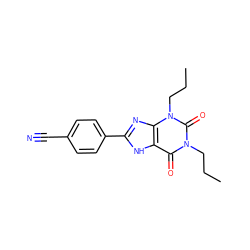 CCCn1c(=O)c2[nH]c(-c3ccc(C#N)cc3)nc2n(CCC)c1=O ZINC000013821355