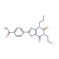 CCCn1c(=O)c2[nH]c(-c3ccc(C(N)=O)cc3)nc2n(CCC)c1=O ZINC000027713841