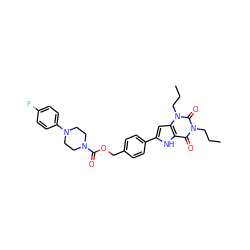 CCCn1c(=O)c2[nH]c(-c3ccc(COC(=O)N4CCN(c5ccc(F)cc5)CC4)cc3)cc2n(CCC)c1=O ZINC000044405095