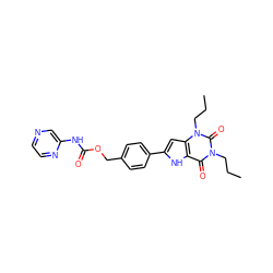 CCCn1c(=O)c2[nH]c(-c3ccc(COC(=O)Nc4cnccn4)cc3)cc2n(CCC)c1=O ZINC000040394550